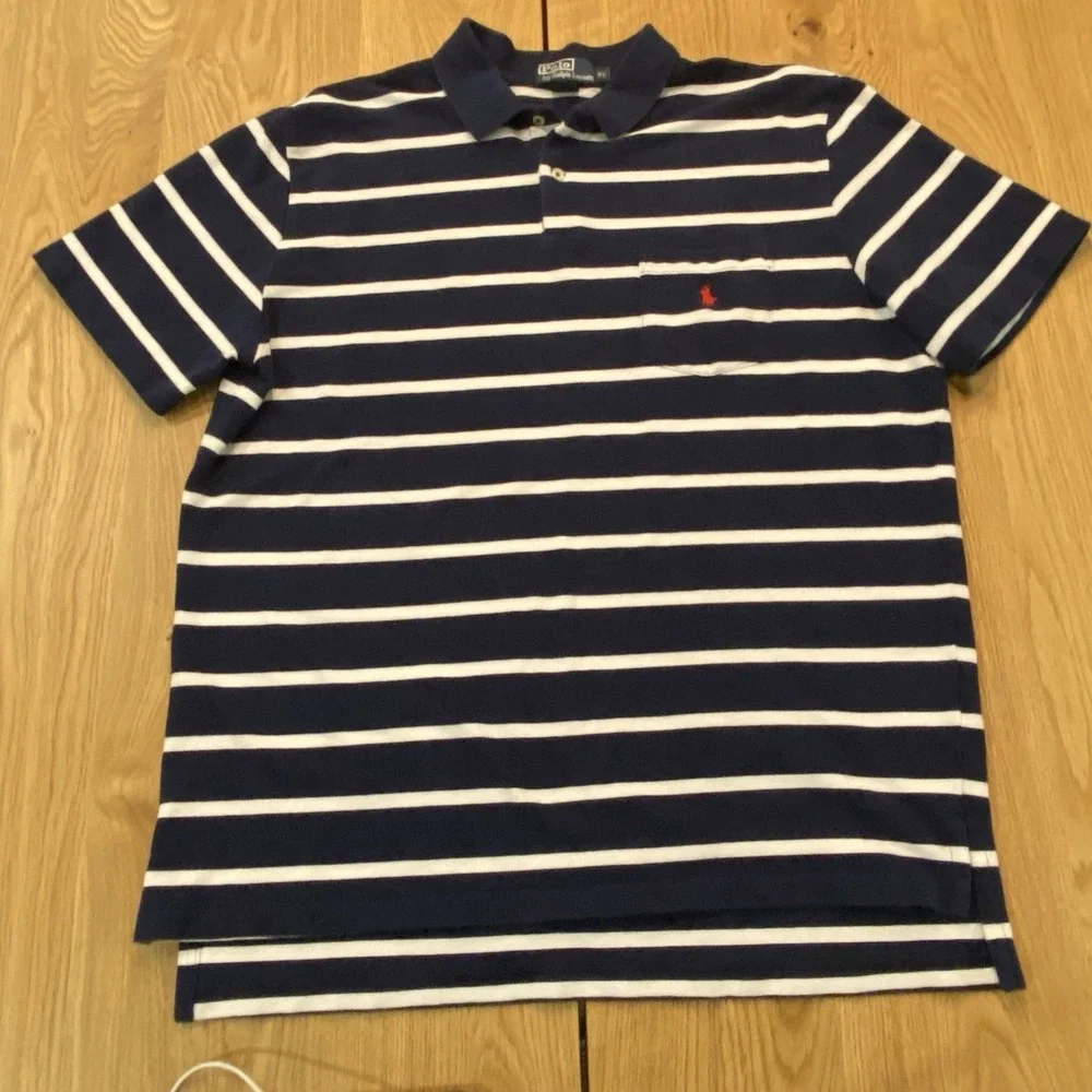 Vintage Polo Ralph Lauren Blue White Striped Collard Shirt Mens XL‎ Pocket Polo